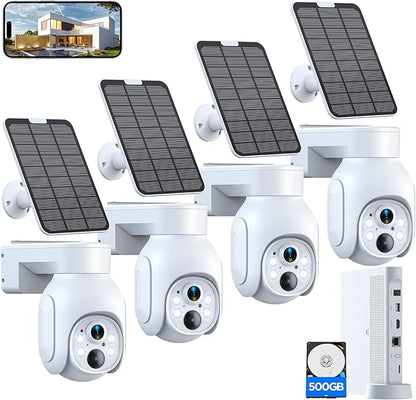 Security Cameras Wireless Outdoor, No Subscription, Solar-Powered, Home Security Cameras System with 360° Pan & Tilt, Auto Tracking, 2K Color Night Vision, 500G HDD Local Recording, 2.4G & 5G WiFi