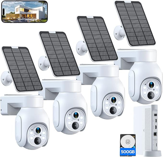 Security Cameras Wireless Outdoor, No Subscription, Solar-Powered, Home Security Cameras System with 360° Pan & Tilt, Auto Tracking, 2K Color Night Vision, 500G HDD Local Recording, 2.4G & 5G WiFi