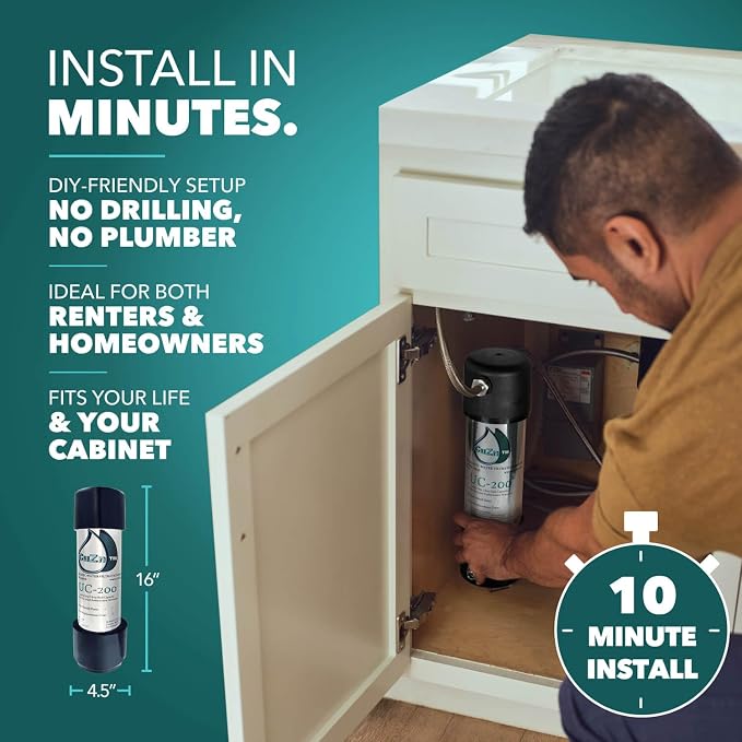 CuZn UC-200 Under Sink Water Filter, NSF/ANSI 42 & 372, 5-Year Filter Life | Reduces PFAs, PFOS, Lead, Chlorine, Improves Tap Water Taste, Inline Faucet Connection for Simple Installation