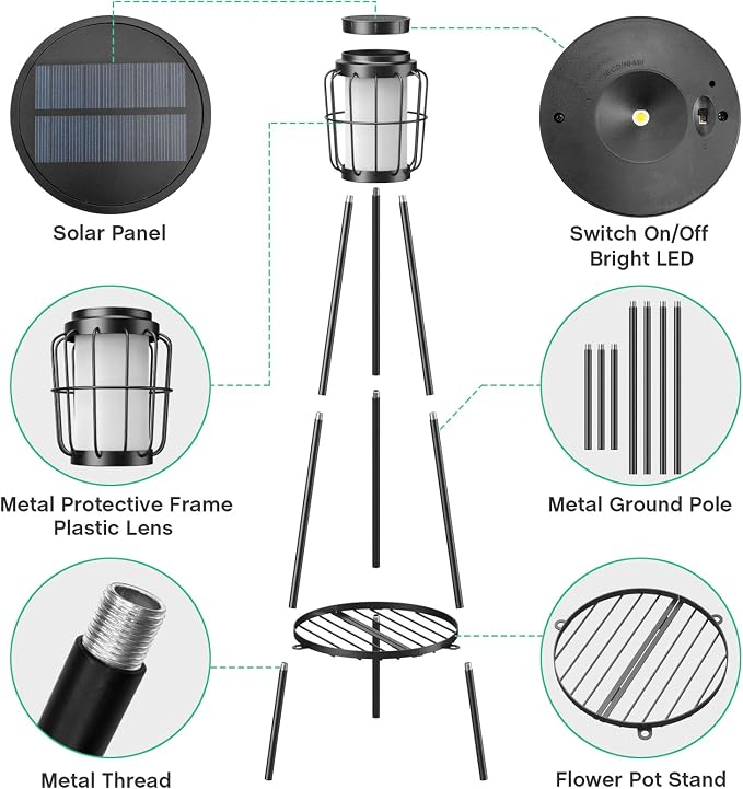 MXwcy 2 Pack Solar Lights Outdoor with Plant Stand, Waterproof Solar Floor Lamp & Tall Metal Planter Holder for Outside, Decorative Tripod Pathway Lantern for Patio, Garden, Porch, Yard Decor