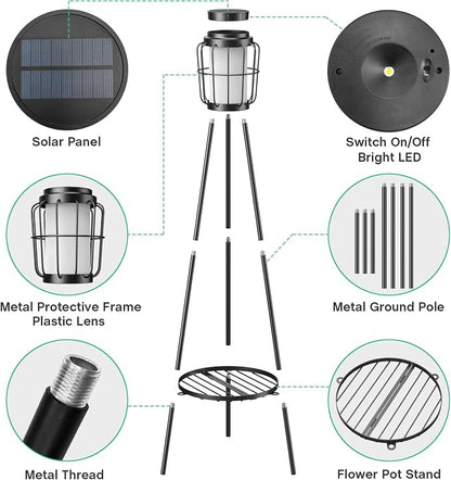 MXwcy 2 Pack Solar Lights Outdoor with Plant Stand, Waterproof Solar Floor Lamp & Tall Metal Planter Holder for Outside, Decorative Tripod Pathway Lantern for Patio, Garden, Porch, Yard Decor