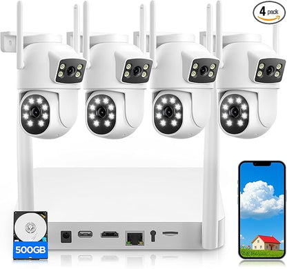 4MP Dual Lens Home Security Camera System Wireless, Security Cameras Wireless Outdoor 24/7 Record, Auto Tracking, 5G & 2.4G WiFi, Night Vision, 2-Way Audio, 360° PTZ, 10CH 4K NVR 500GB No Subscription