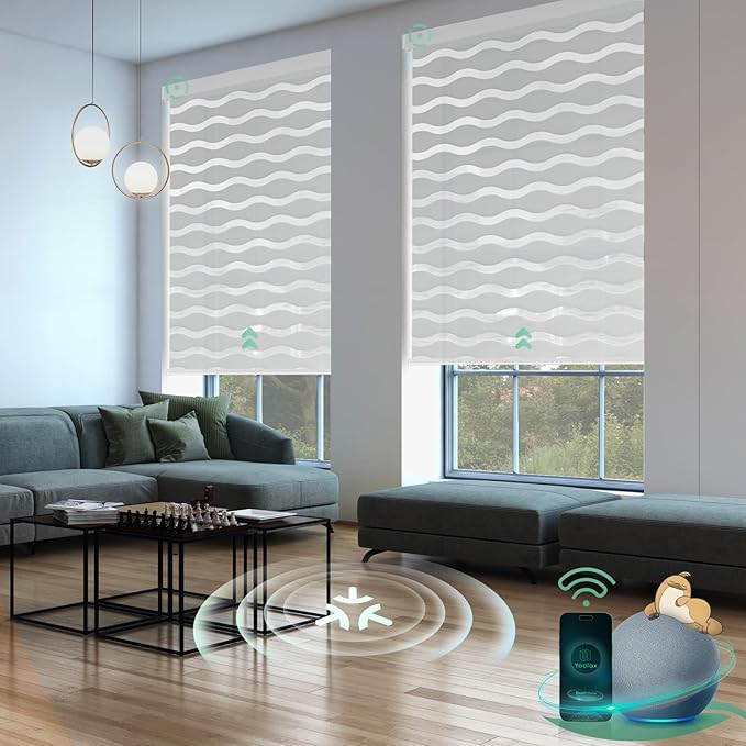 Yoolax Motorized Matter Zebra Blinds Compatible with Alexa, Google Home, Apple HomeKit, Light Filtering Smart Blinds, Privacy Light Control Horizontal Window Blind for Home (50% Shading Beige)