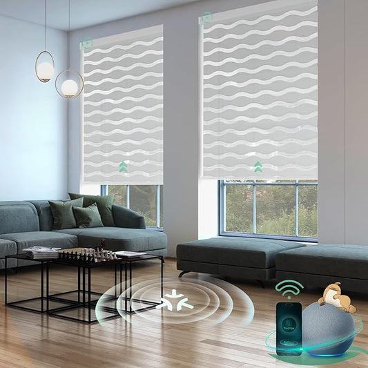 Yoolax Motorized Matter Zebra Blinds Compatible with Alexa, Google Home, Apple HomeKit, Light Filtering Smart Blinds, Privacy Light Control Horizontal Window Blind for Home (50% Shading Beige)