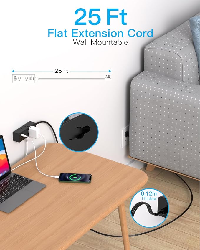 25Ft Extension Cord with Multiple Outlets, Flat Plug Power Strip Surge Protector with 20 Ft Long Cord, 6 Outlet 4 USB Ports (2 USB C), Multi Outlet Wall Plug for College, Dorm Room Essentials(Black)