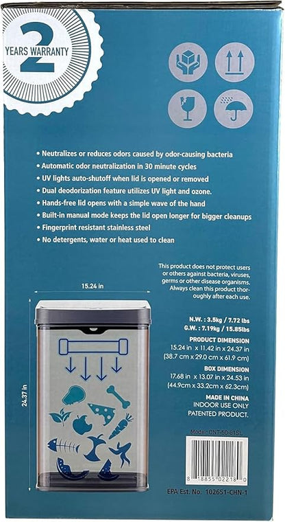 Ninestars 13 Gallon Odor Neutralizing Smart Trash Can, UV + Ozone Dual Purification, Odor Control Motion Sensor Garbage Bin, Universal Power Adapter, ONT-50-81SL Stainless Steel, Silver, Nova Series