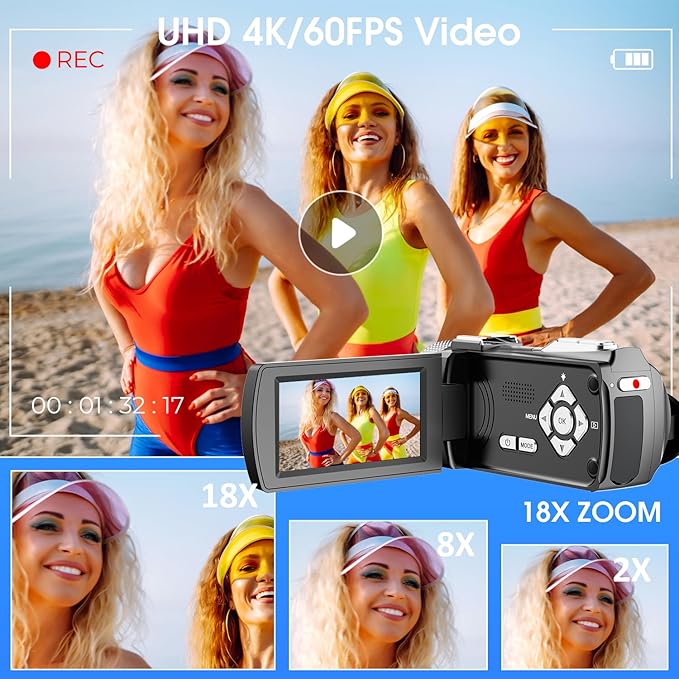 4K UHD Video Camera Camcorder, 48MP YouTube Vlogging Camera with Wireless Lavalier Microphone, 18X Digital Zoom, 3" 270° Rotatable IPS Screen, with Remote, 32GB Card & 2 Batteries