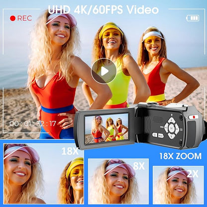4K UHD Video Camera Camcorder, 48MP YouTube Vlogging Camera with Wireless Lavalier Microphone, 18X Digital Zoom, 3" 270° Rotatable IPS Screen, with Remote, 32GB Card & 2 Batteries