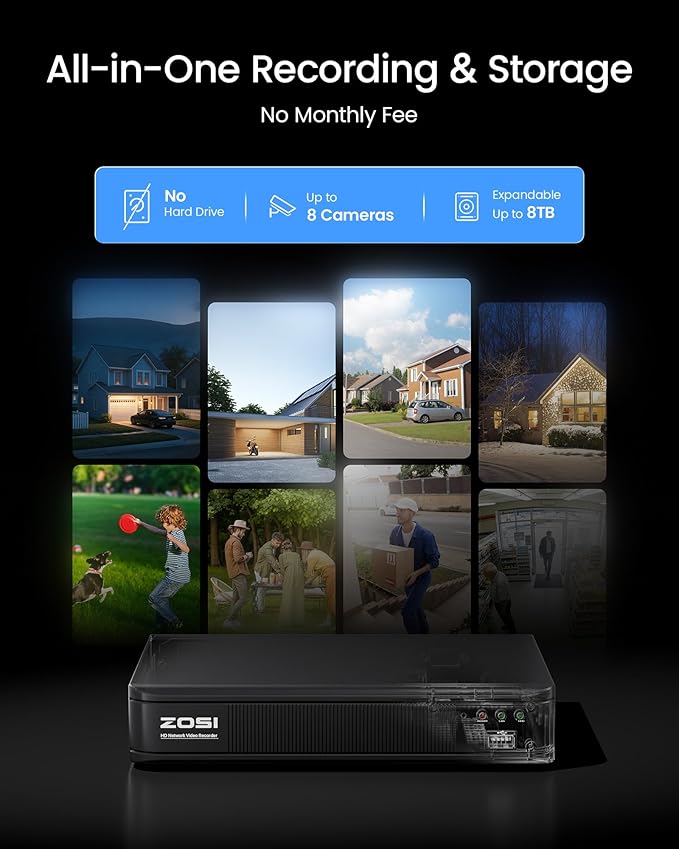 ZOSI 1080P H.265+ Home Security Camera System with AI Human Vehicle Detection, 5MP 3K 8 Channel Surveillance DVR and 4 x 1080p Weatherproof CCTV Dome Camera Outdoor Indoor, 80ft Night Vision, No HDD