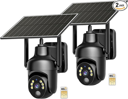 No WiFi Security Camera with Built-in 4G LTE SIM Card, 360° Panoramic View, 2K Live Video, Color Night Vision, Instant Alerts, Phone Access, Solar Cellular Camera Outdoor for Remote Area (2PC)