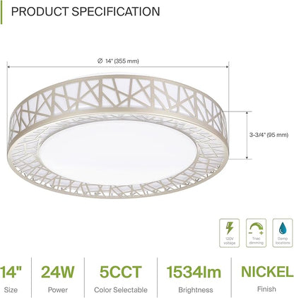 ASD 14 Inch LED Flush Mount Ceiling Light Fixture for Bedroom, 24W 1534LM 5CCT 2700K-5000K, Dimmable Lights, Dining, Living Room, Kitchen Lamps, Modern Home Lighting Fixtures, Nickel, ETL, 4 Pack