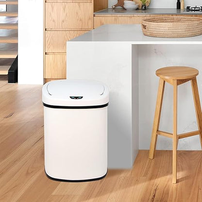 HCY Kitchen Trash Can 13 Gallon Automatic Metal Garbage Can Stainless Steel Waste Bin with Lid Smart for Kitchen,Office,Living Room,Bathroom(White), 16'(L)x11'(W)x25(H)'