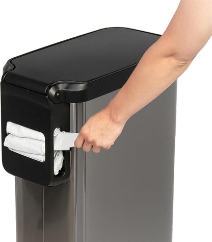 Glad Stainless Steel Slim Trash Can with Clorox Odor Protection - Narrow Kitchen Garbage Bin with Soft Close Lid, Step On Foot Pedal and Waste Bag Roll Holder, Pewter, 12 Gallon/45 Liter