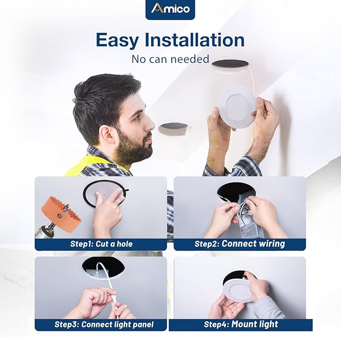 Amico 36 Pack 3 Inch 5CCT Ultra-Thin LED Recessed Ceiling Light with Junction Box, 2700K/3000K/3500K/4000K/5000K Selectable, 7W Eqv 60W, Dimmable Canless Wafer Downlight, 500LM High Brightness -ETL