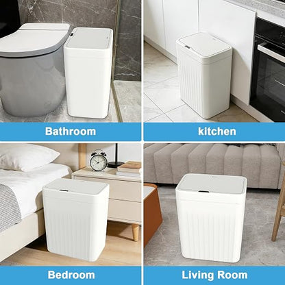 Naisu 4 Gal Bathroom Trash Can with Lid,Automatic Garbage Can with Touchless and Sealed Design,Slim Motion Sensor Waterproof Plastic Trash Bin Suitable for Bedrooms,Bathrooms,Kitchens（2 Pack, White）