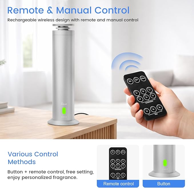 Hotel Collection Diffuser Machine,1500 Sq Ft,USB Plug-in & Rechargeable,Remote,Whisper-Quiet,Aluminum,Waterless Essential Oil Diffuser- Matte Silver