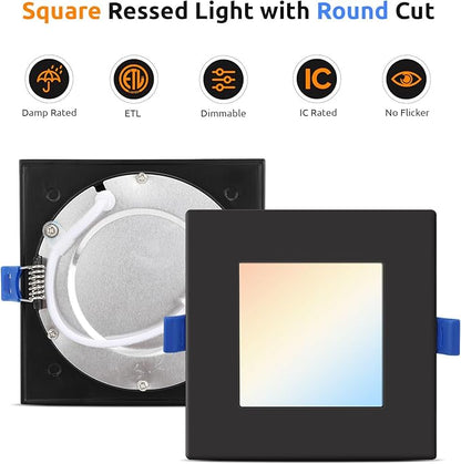 HONZIN 1 Pack 6 Inch Square LED Recessed Lighting, 5CCT Ultra-Thin LED Ceiling Lights, 2700K/3000K/3500K/4000K/5000K Selectable, 13W, IC Rated, Dimmable Black Square Trim with Junction Box