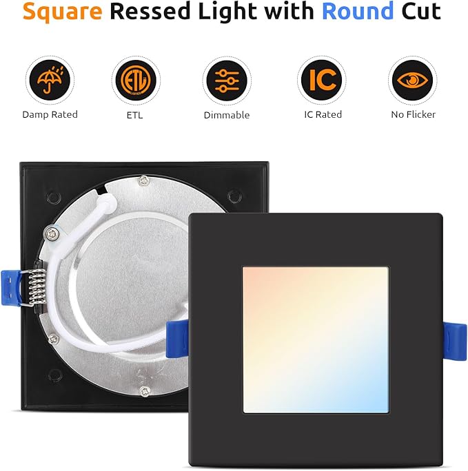 HONZIN Square LED Recessed Lighting 4 Inch, 5CCT Ultra Thin Led Recessed Ceiling Lights 12 Pack, Selectable 2700K/3000K/3500K/4000K/5000K, 9W, IC Rated, Dimmable Square Black Trim with Junction Box