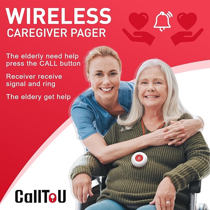 CallToU Caregiver Pager Wireless Call Button Nurse Alert System 500+ Feet for Home/Elderly/Patient/Disabled 2 Plugin Receiver 4 Waterproof Transmitter