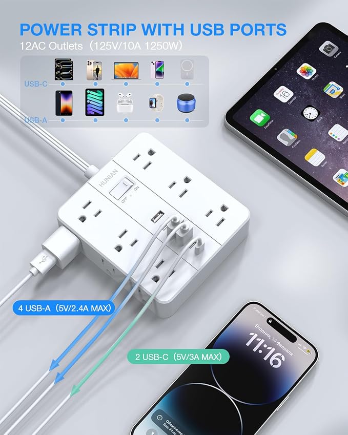 Extension Cord Power Strip, HUNIAN 20Ft Flat Plug Extension Cord | 12 Widely Spaced Multiple Outlets 6 USB (2 USB C Ports), Outlet Extender with Power Switch for Home Office Supplies, White