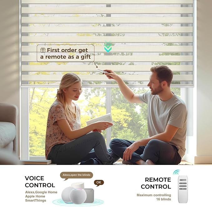 HeyBlinds Motorized Zebra Blinds with Remote, Smart Cordless Electric Zebra Shades for Indoor Windows Compatible with Alexa Google & Homekit, Custom Size (Flourish-Beige BO)