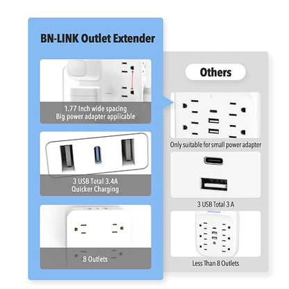 BN-LINK Multi Plug Outlet Extender with 8 Outlets 3 USB Ports (1 USB C), Surge Protector 800 Joules, 4-Sided Multiple Plug Expander Outlet Splitter for Home, Office, 15A/1875W, White