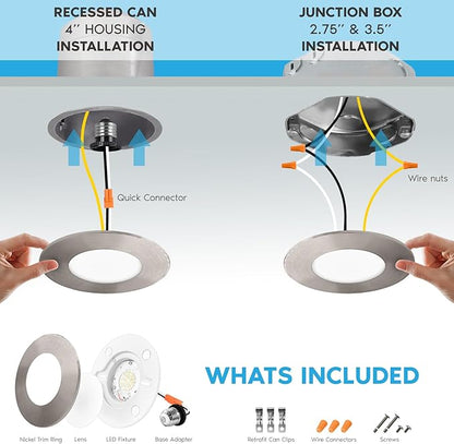 LUXRITE 3-4 Inch LED Flush Mount & Recessed Light, 7.5W, 5CCT 2700K-5000K, 650LM, Magnetic Trim, Dimmable Ceiling Can Light, Install to J-Box or 4 Inch Housing, Wet Rated, UL Listed, Brushed Nickel