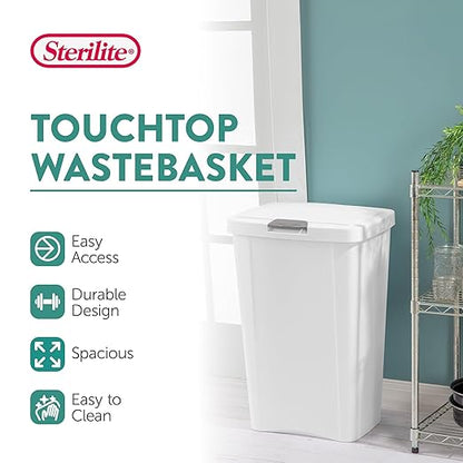 Sterilite 13 Gallon TouchTop Wastebasket Trash Can Garbage Recycle Bin with Titanium Latch for Kitchen, Garage, Basement, or Office, White (12 Pack)