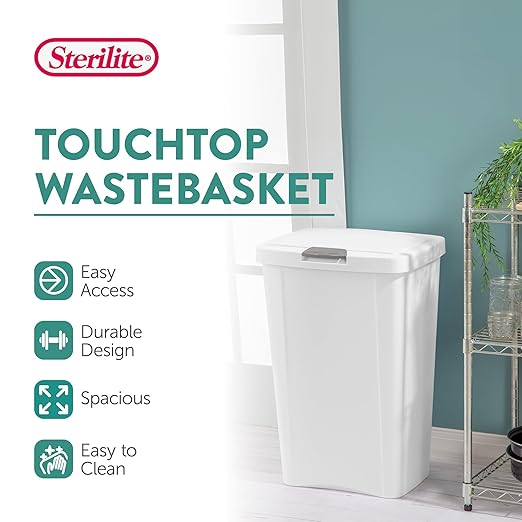 Sterilite 13 Gallon TouchTop Wastebasket Trash Can Garbage Recycle Bin with Titanium Latch for Kitchen, Garage, Basement, or Office, White (12 Pack)