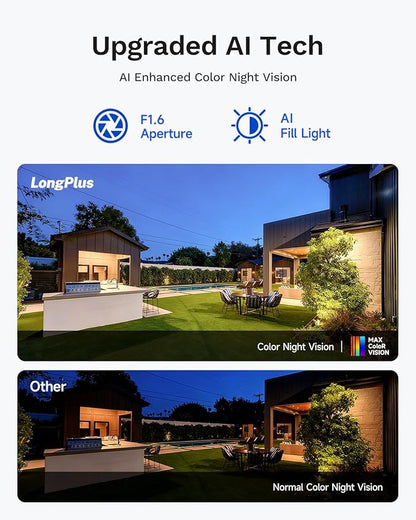 LongPlus 5MP Security Camera System Wireless Outdoor, No Subscription, Solar-Powered, WiFi Home Security Camera System with 360 ° Pan & Tilt, AOR Tech 24-7 Recording, Expandable 8CH, 2 Cam-Kit