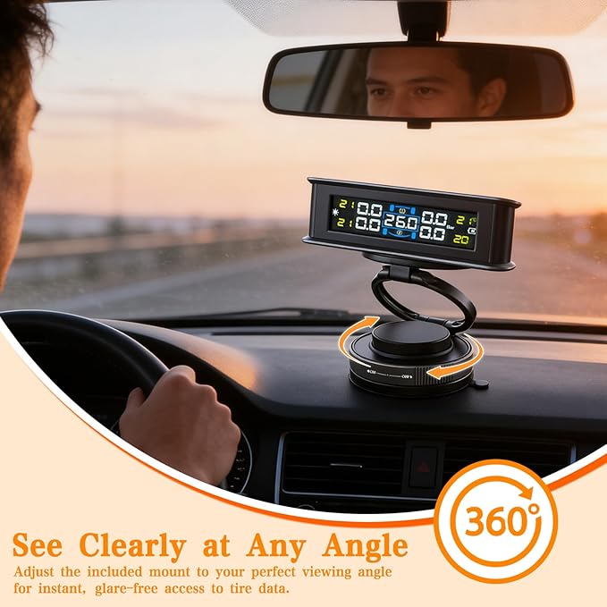 Tire Pressure Monitoring System with Magsafe Car Mount, Solar and USB Charger Tire Pressure Monitor with 4 External Sensors & 6 Alarm Modes, Real-time Wireless TPMS for Car Sedan SUV Pickup