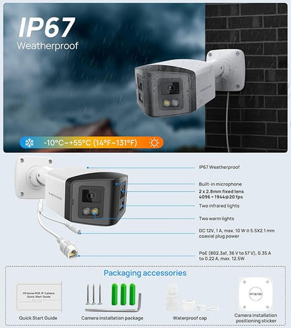 VIKYLIN 180° Dual-Lens 4K 8MP PoE IP Security Panoramic Bullet Camera,Two Way Audio, AI Human Vehicle Detection Trigger Color Night Vision, SD Card (512GB),NDAA Complaint