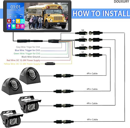 RV Backup Camera System with 10.36’’ 4K Monitor for RV Truck Bus Trailer with 4 Rear/Side View 1080P HD Cameras 4 Splits Touch Screen DVR Recording IP69 Waterproof Bluetooth Music Video Avoid Blind