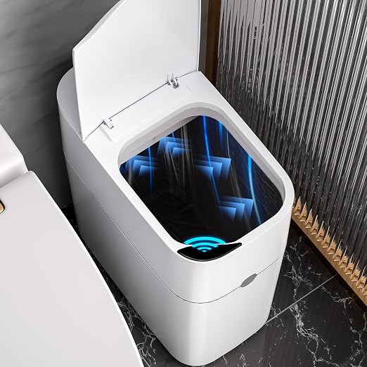 MOPUP Bathroom Trash Can, Automatic Bagging Garbage Can, 3.5 Gallon Slim Smart Small Plastic Trash Bin, Narrow Motion Sensor Trash Can for Bedroom, Office White