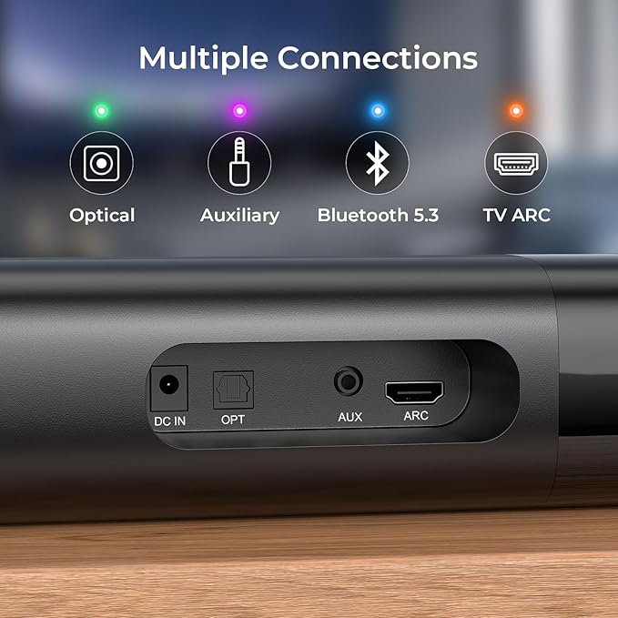 Sound Bar for Smart TV, Soundbar with Bluetooth/ARC/Opt/AUX Connect, Auto Volume Boost, 3 Equalizer Modes, 2 in 1 Detachable Soundbar for TV/PC/Gaming/Projectors