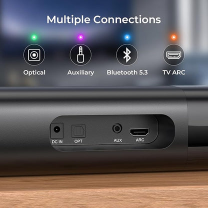 Sound Bar for Smart TV, Soundbar with Bluetooth/ARC/Opt/AUX Connect, Auto Volume Boost, 3 Equalizer Modes, 2 in 1 Detachable Soundbar for TV/PC/Gaming/Projectors