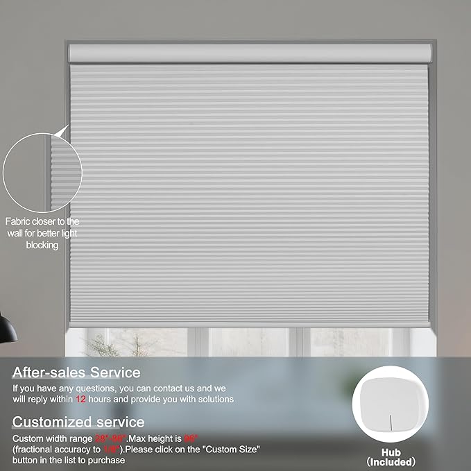 BERISSA Motorized Cellular Shades, Blackout Smart Honeycomb Blinds with Remote Control & Hub, Custom Room Darkening Automatic Cellular Window Blinds for Home Office, Living Room, Door,White