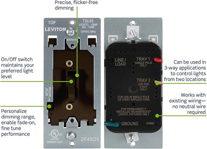 Leviton Toggle Slide LED Advanced Dimmer Switch for 150W Dimmable LED, Halogen and Incandescent Bulbs and Fixtures, TSL01-10B, Brown