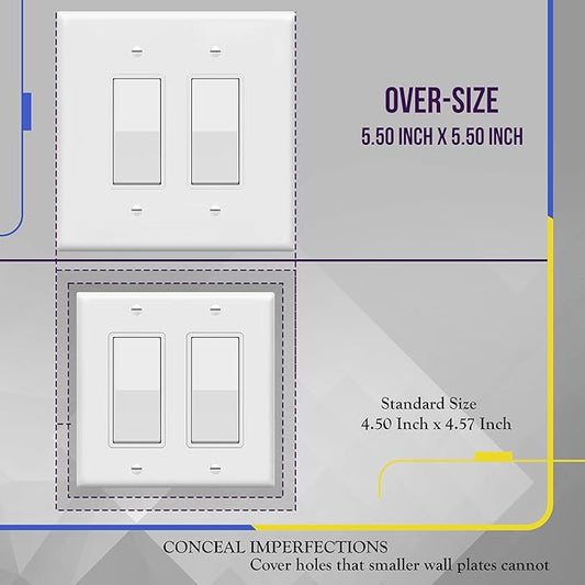 ENERLITES Double Decorator Switch Cover, Two Outlet Wall Plate, Oversized 2-Gang 5.50" x 5.50", Unbreakable Polycarbonate Thermoplastic, UL Listed, 8832O-W, White