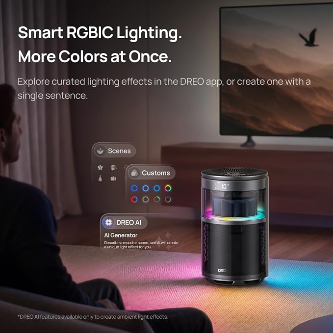 DREO Smart Air Purifier With RGBIC Light,Home HEPA Air Cleaner with Wi-Fi/Voice/Alexa, PM2.5 Quality Monitor,4 Speeds & Auto/Turbo/Quiet Sleep Modes, DR-HAP010S, DREO 530S, Pearl Silver