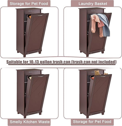 VECELO Tilt Out Kitchen Trash Bin Cabinet, Dog Proof Garbage Can with Wood Holder Free Standing Recycling, Brown