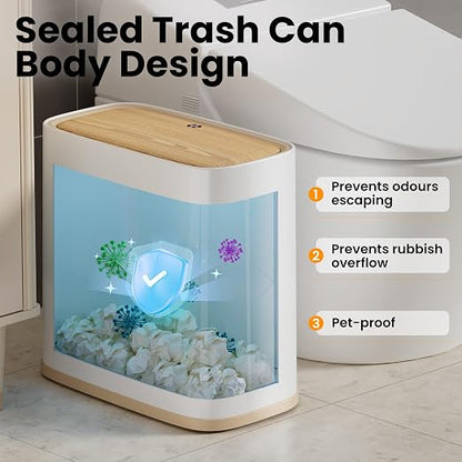 Bathroom Trash Can 2.6 Gal, Wheels, Air Vent, Faux Wood Top