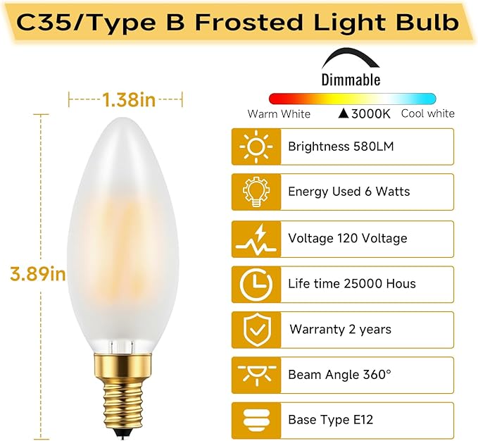 Type B/B11 E12 LED Filament Bulb, 6W/60W Equivalent 3000K Warm White – Frosted Glass, Dimmable, Ideal for Chandeliers & Ceiling Fans, 6-Pack(3000K)