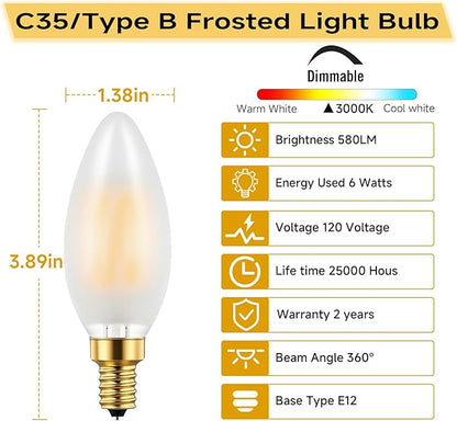 Type B/B11 E12 LED Filament Bulb, 6W/60W Equivalent 3000K Warm White – Frosted Glass, Dimmable, Ideal for Chandeliers & Ceiling Fans, 6-Pack(3000K)