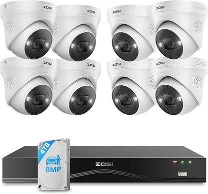 ZOSI 16CH 4K PoE Security System, 8pcs 8MP Weatherproof Outdoor/Indoor IP Cameras, Face/Person/Vehicle Detection, Color Night Vision, 2-Way Audio, 16 Port 32CH NVR with 4TB HDD for 24/7 Recording