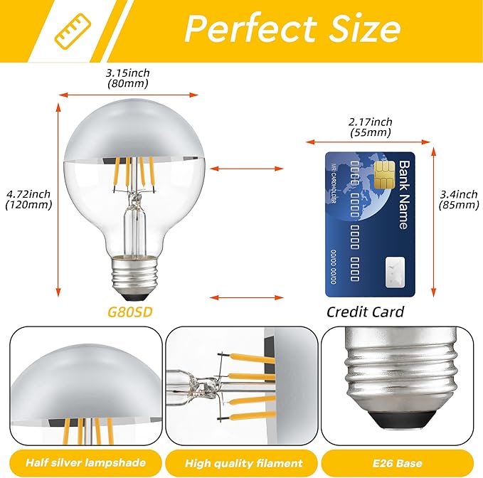 Half Chrome Light Bulb,Dimmable G80/G25 Globe Chrome Tip LED Light Bulbs Silver Top,Dipped Light Bulbs with Silver Bottom for Bathroom,Vanity,Mirror,2700K Warm White 400LM,2 Pack