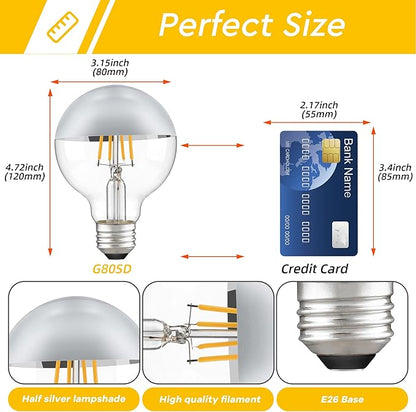Half Chrome Light Bulb,Dimmable G80/G25 Globe Chrome Tip LED Light Bulbs Silver Top,Dipped Light Bulbs with Silver Bottom for Bathroom,Vanity,Mirror,2700K Warm White 400LM,2 Pack