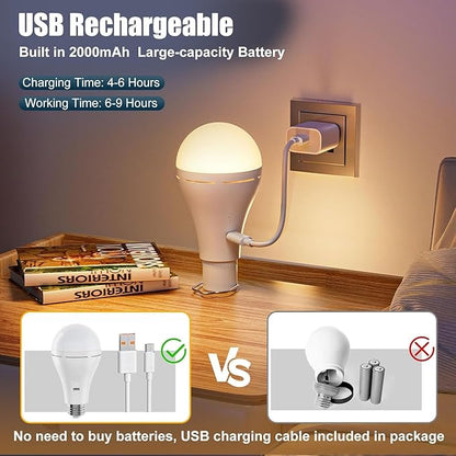 Brightown USB Rechargeable Light Bulb with Remote and Timer, Battery Emergency Light Bulbs for Home Power Outage, Hanging LED Light Bulb with Hook for Outdoor Camping Tent, 700LM, 6000K, 2 Pack