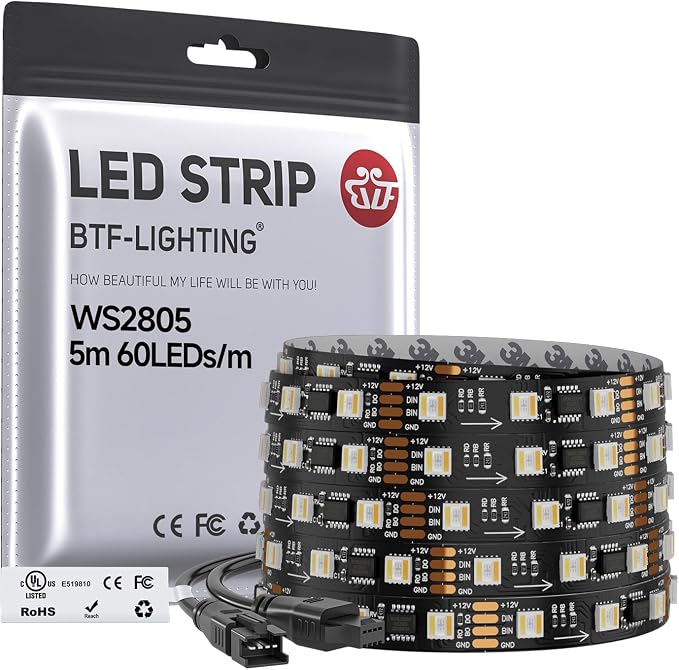 BTF-LIGHTING WS2805 IC RGBCCT UL Listed 16.4FT 60LED/m 20Pixel/m DC12V IP30 | Addressable Dual Data LED Strip 5050SMD 5 Colors in 1 Chasing Color RGB+CCT 3000K-6500K(No Adapter or Controller)