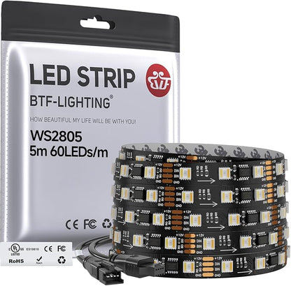 BTF-LIGHTING WS2805 IC RGBCCT UL Listed 16.4FT 60LED/m 20Pixel/m DC12V IP30 | Addressable Dual Data LED Strip 5050SMD 5 Colors in 1 Chasing Color RGB+CCT 3000K-6500K(No Adapter or Controller)